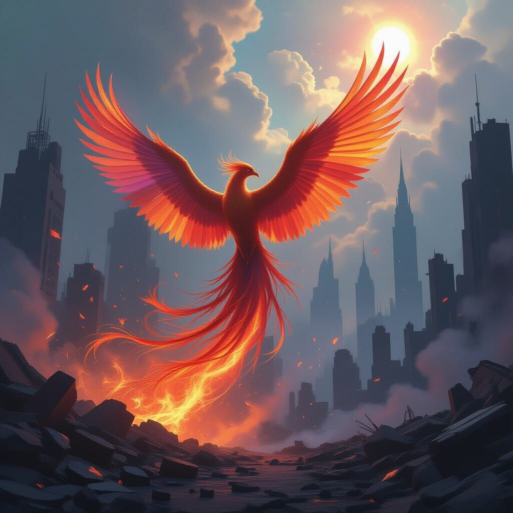 Phoenix Rises from Futuristic City Ashes in Nebula Colors