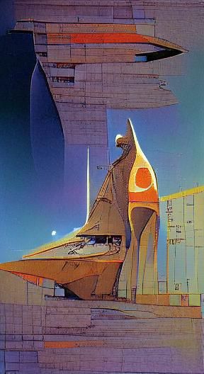 Monumental Concrete Starship in Retro Sci-Fi Style