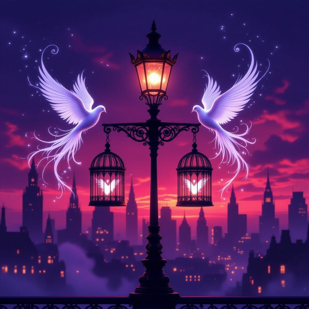Gothic Cityscape With Luminous Spirit Birds