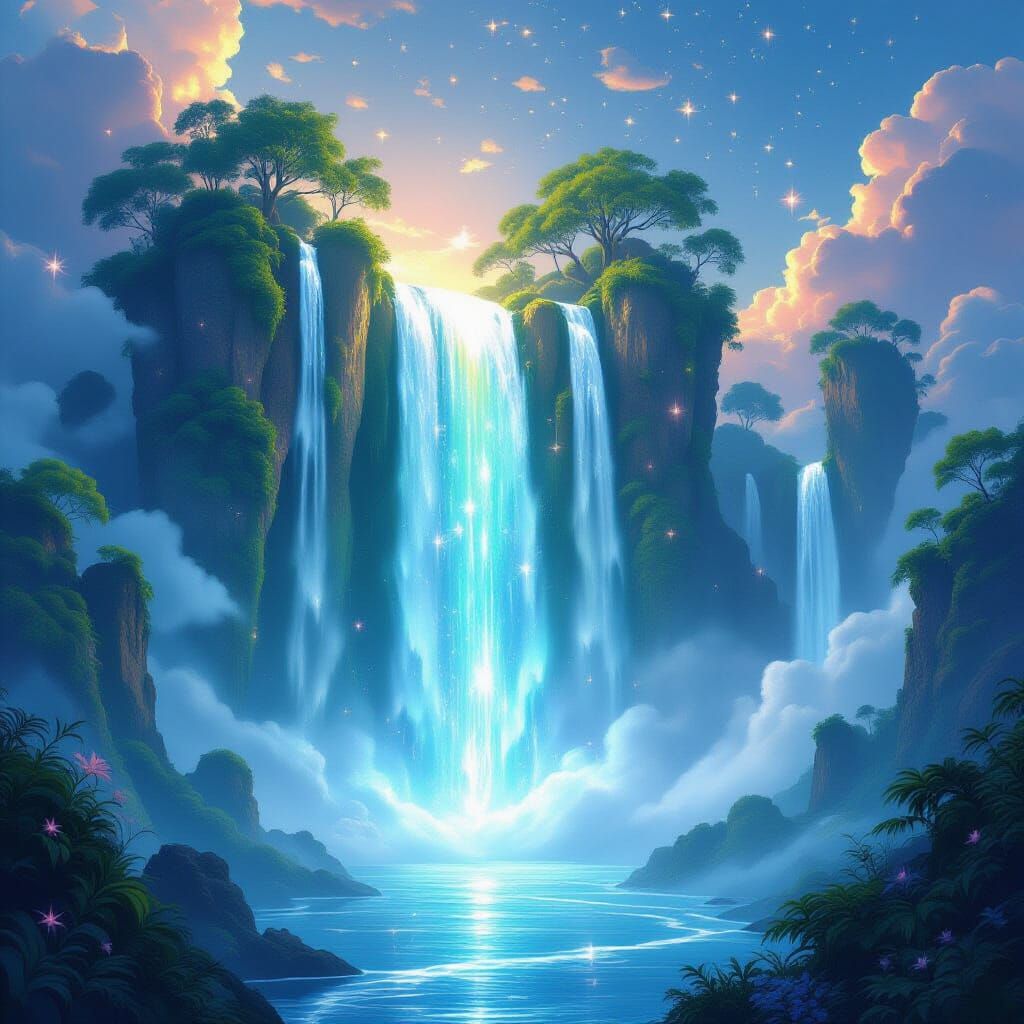 Ethereal Starlight Waterfall Flowing from Floating Islands
