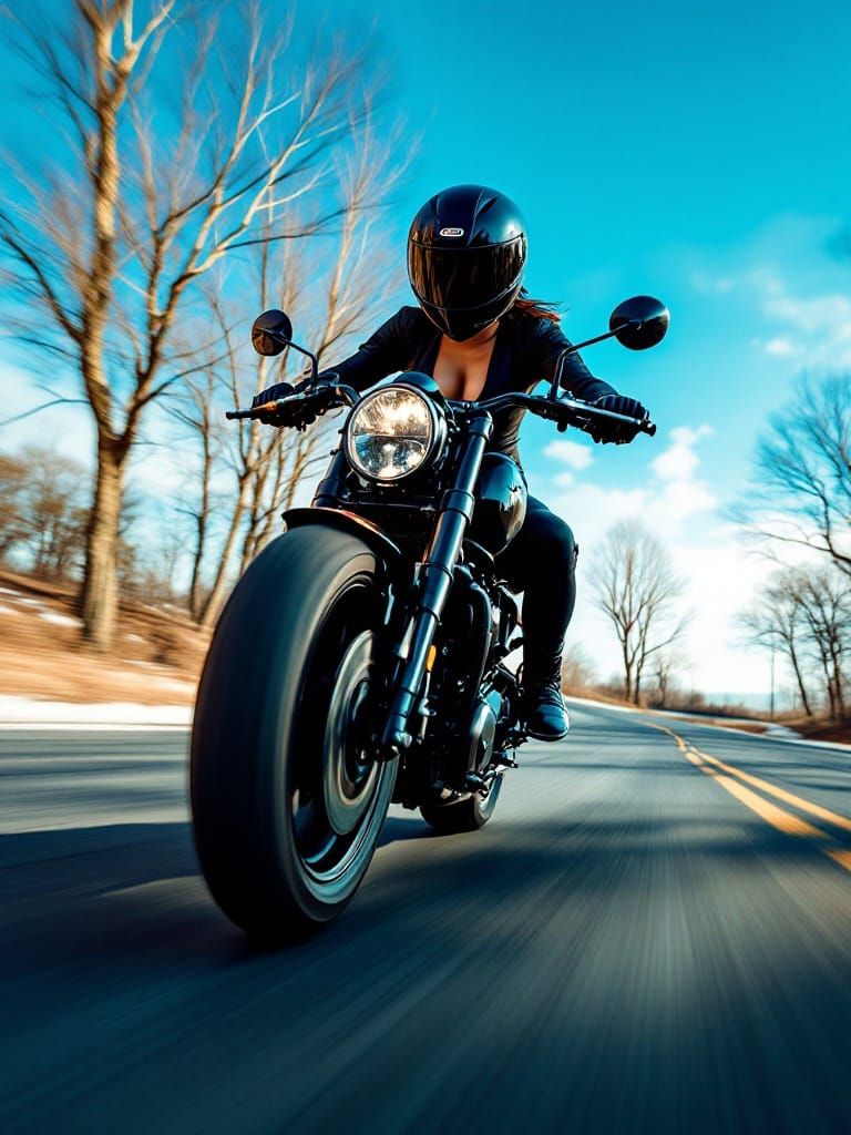 Athletic Female Motorcyclist in High-Speed Turn