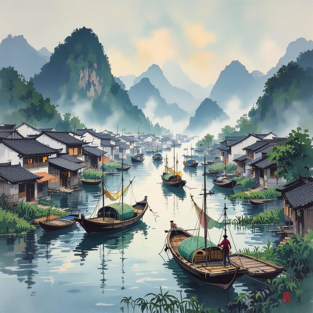 Idyllic Chinese Fishing Village in Impressionist Style