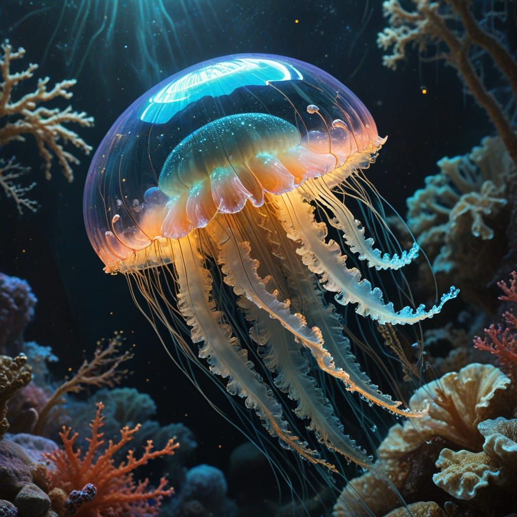 Ghostly Jellyfish in Vibrant Coral Reef Scene