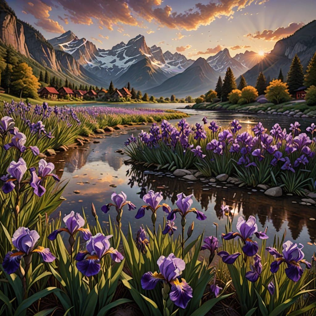 Irises at Sunset: A Romantic Landscape Painting