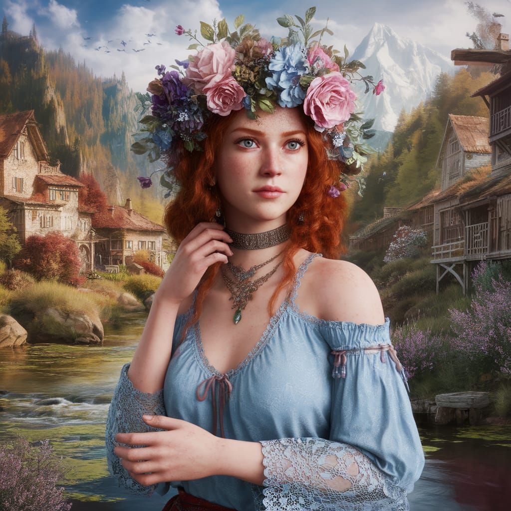Ginger Haired Woman in Boho Style Village Scene