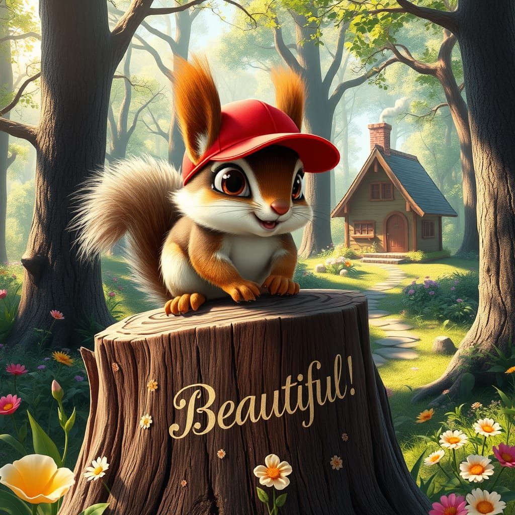 Whimsical Springtime Scene with Baby Squirrel in Red Basebal...