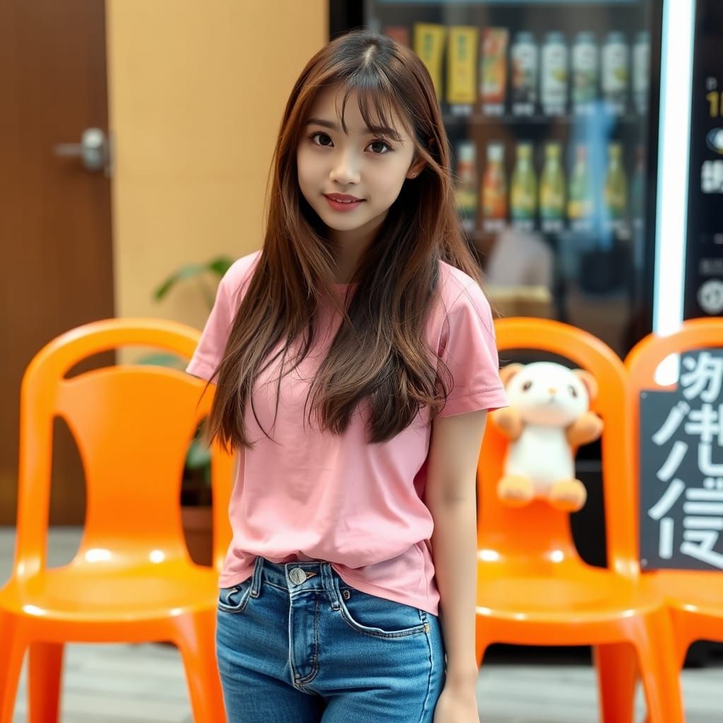 Young Woman with Stuffed Animals and Vending Machine