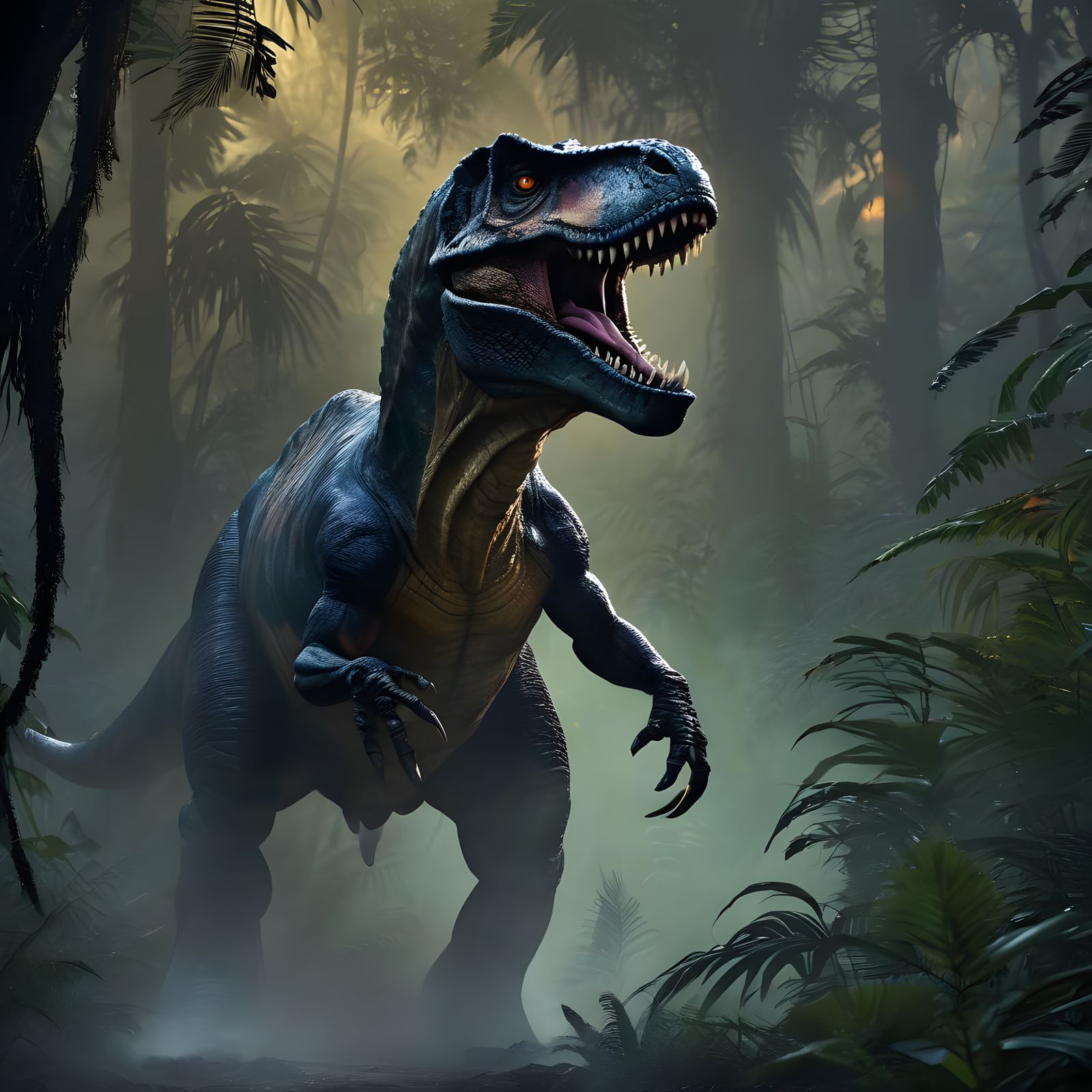 Prehistoric Horror of a Glowing T-Rex Emerging from Jungle F...