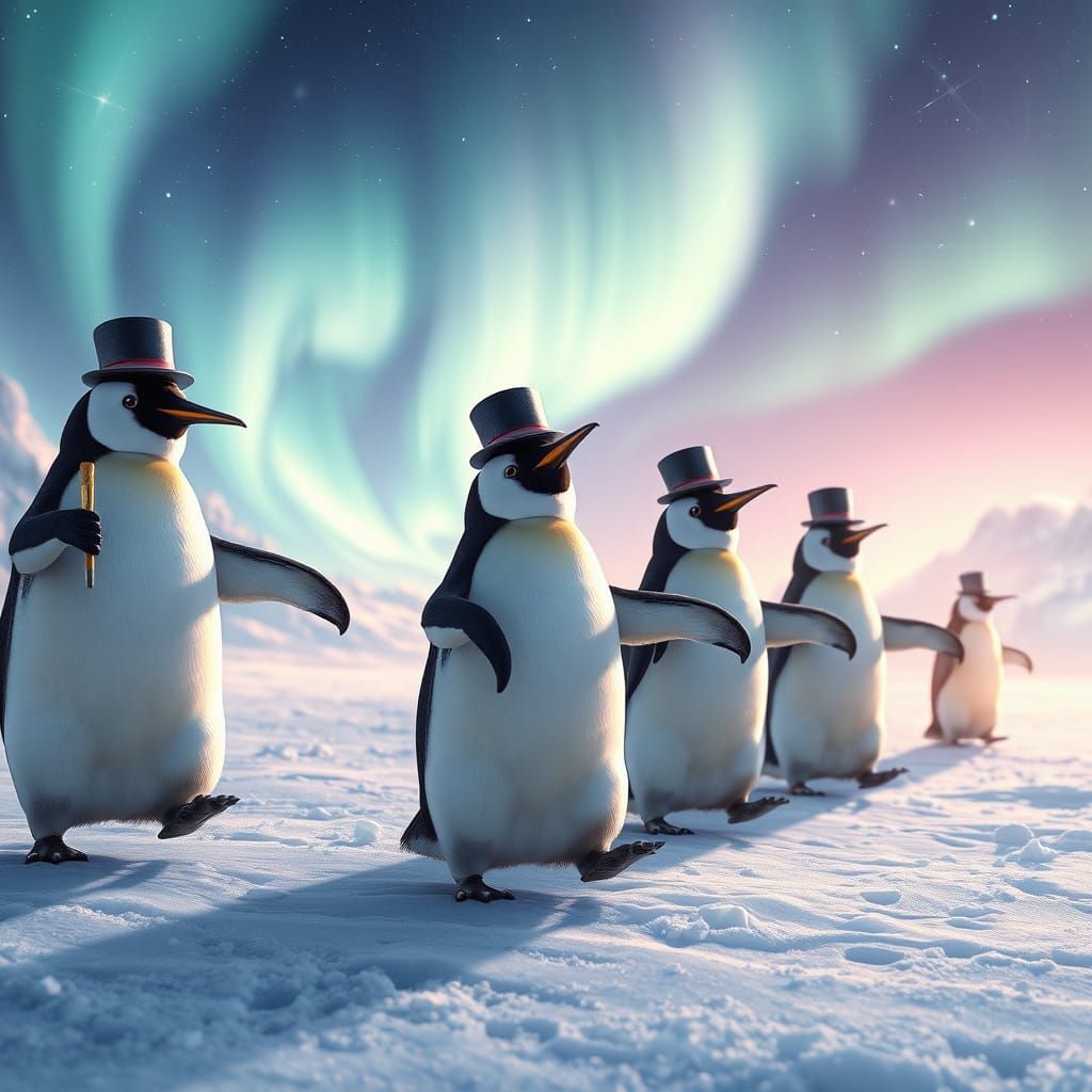 Majestic Penguins Dance Under the Northern Lights