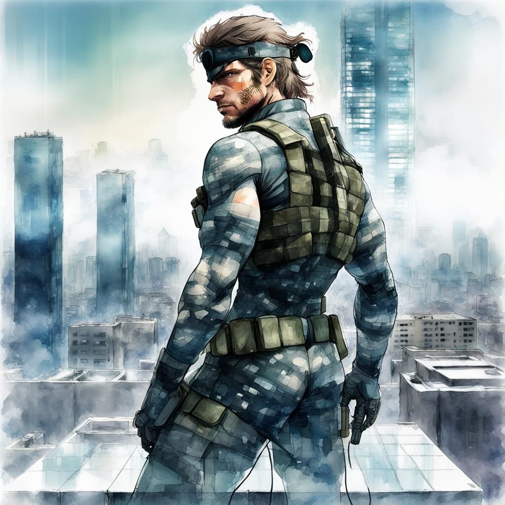 Solid Snake Overlooking City: Digital Watercolor Art