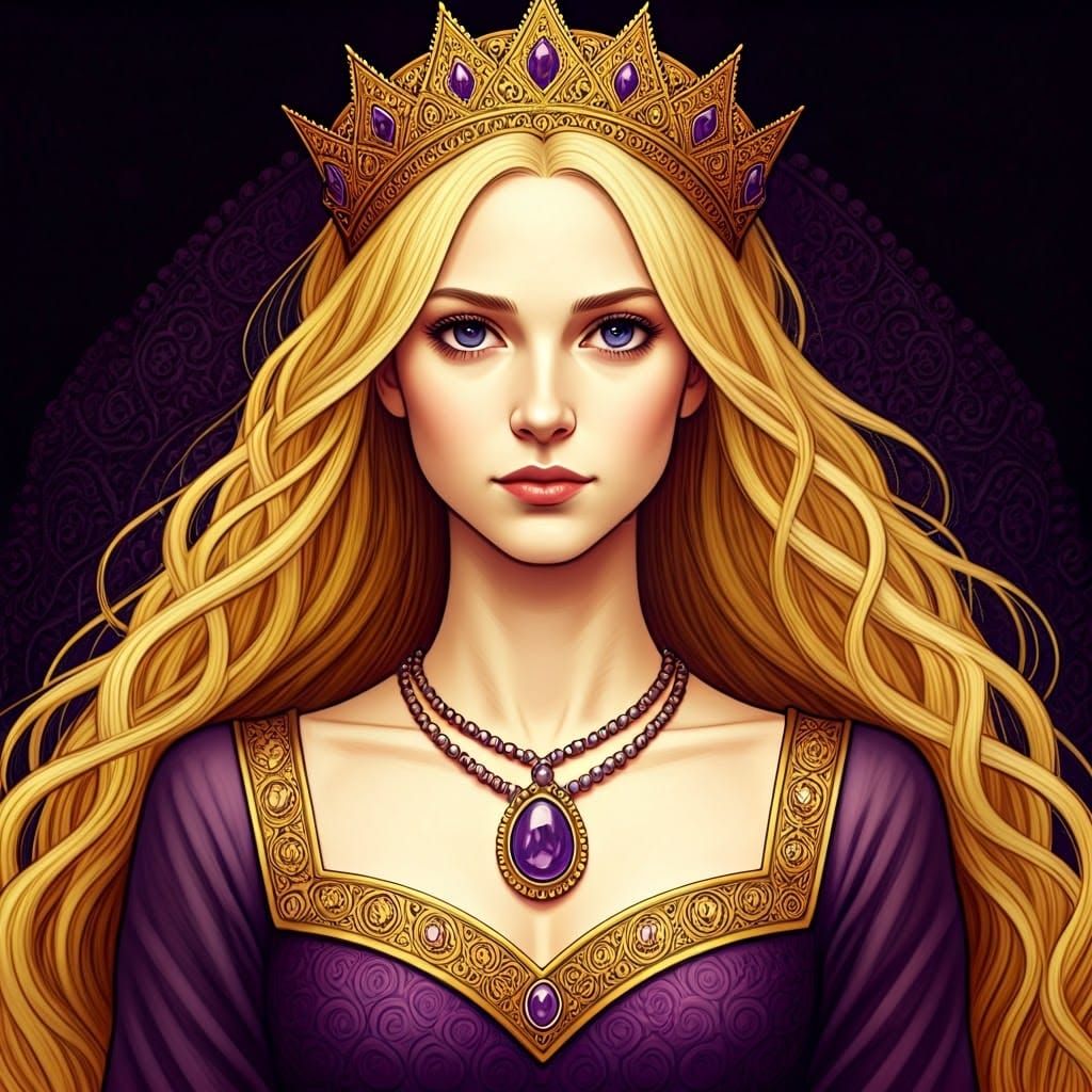 Medieval Princess in Elegant Purple Gown with Gold Crown