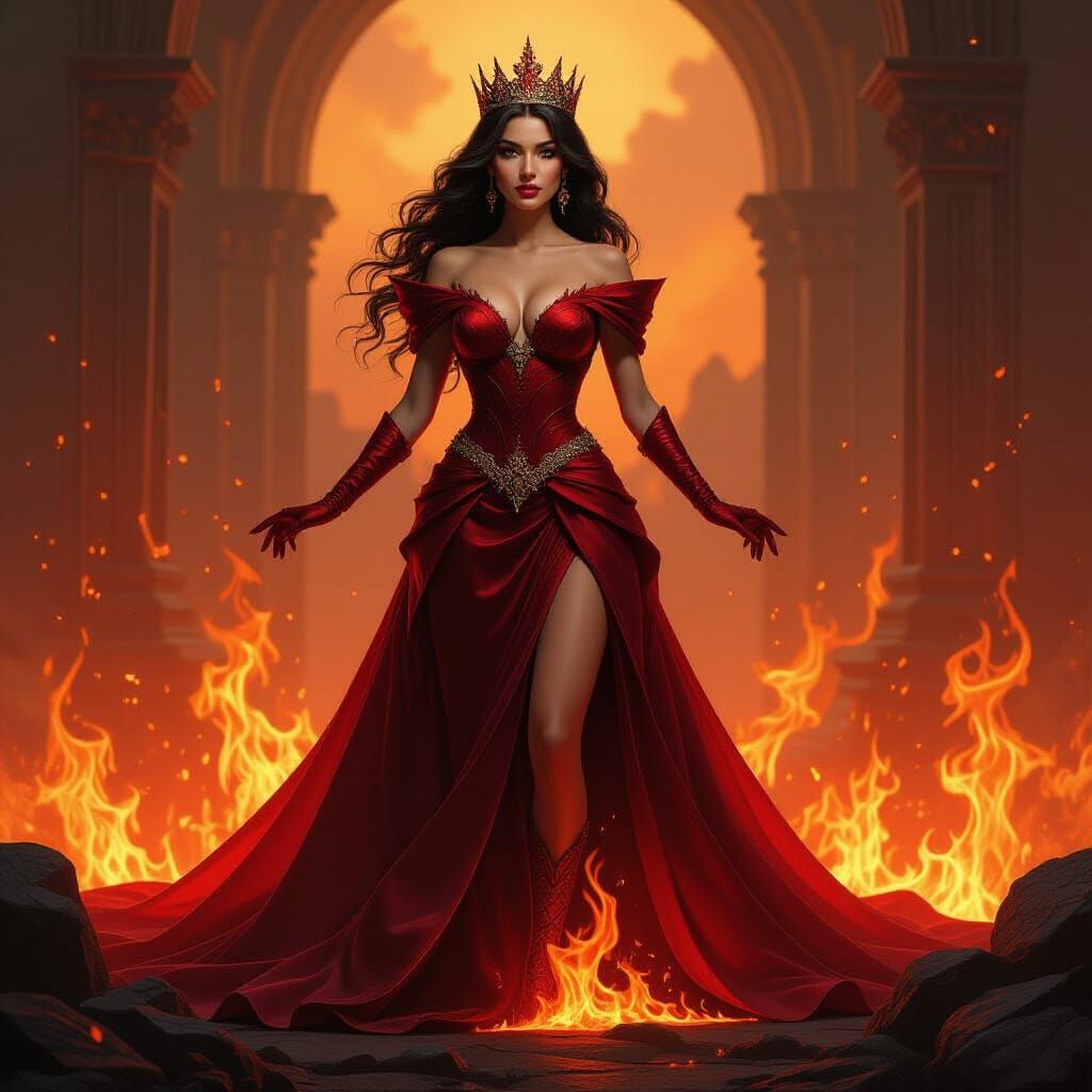 Regal Queen in Molten Lava Gown Amidst Swirling Flames