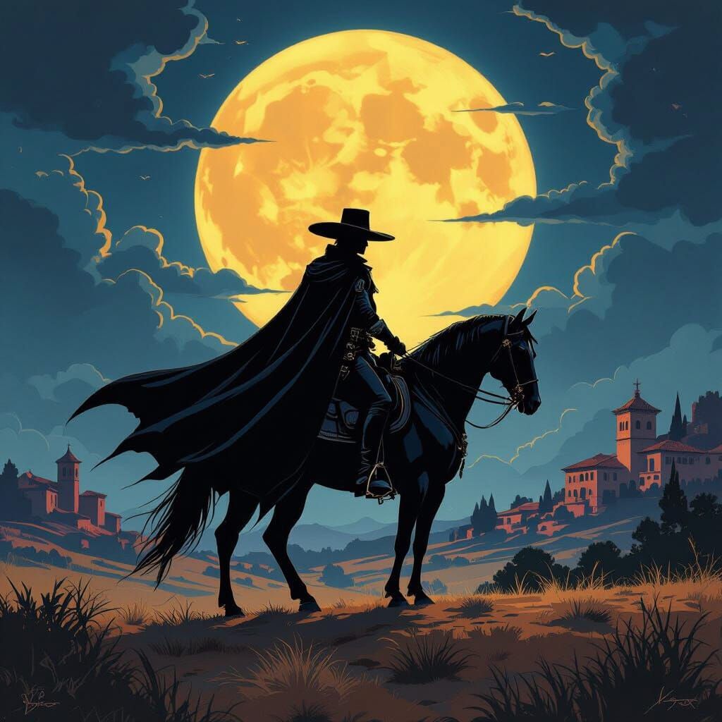 Zorro Rides Under the Moon in Futuristic Style
