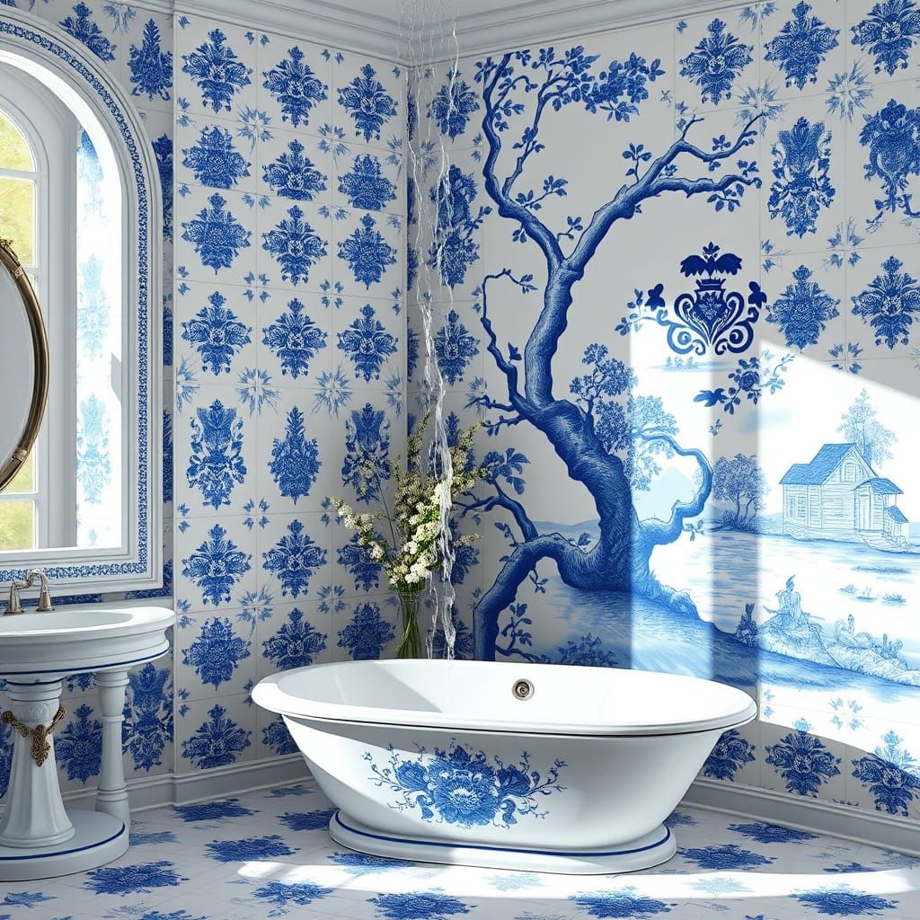 A waterfall running down one wall of an elegant blue and white delftware bathroom and into the bath