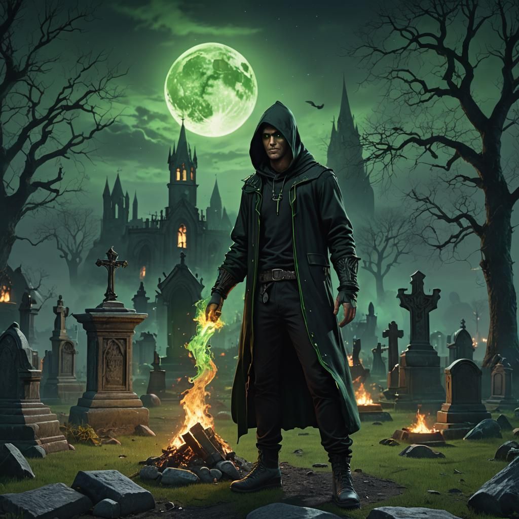Moonlit Graveyard Sorcerer with Green Fire