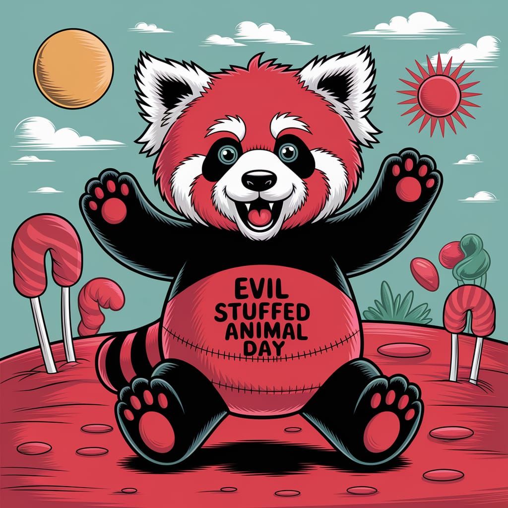 An evil stuffed red panda celebrating the fake holiday "Evil...