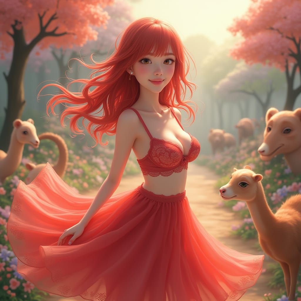 Kawaii Redhead at Pastel Zoo, Anime Style