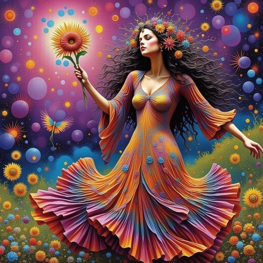 Psychedelic Hippie Girl with Flower in Tie-Dye Dress