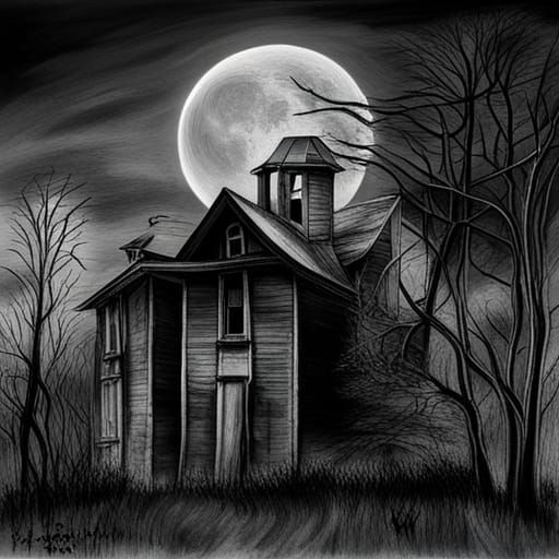 Old Condemned House in Dark Forest: Charcoal Drawing