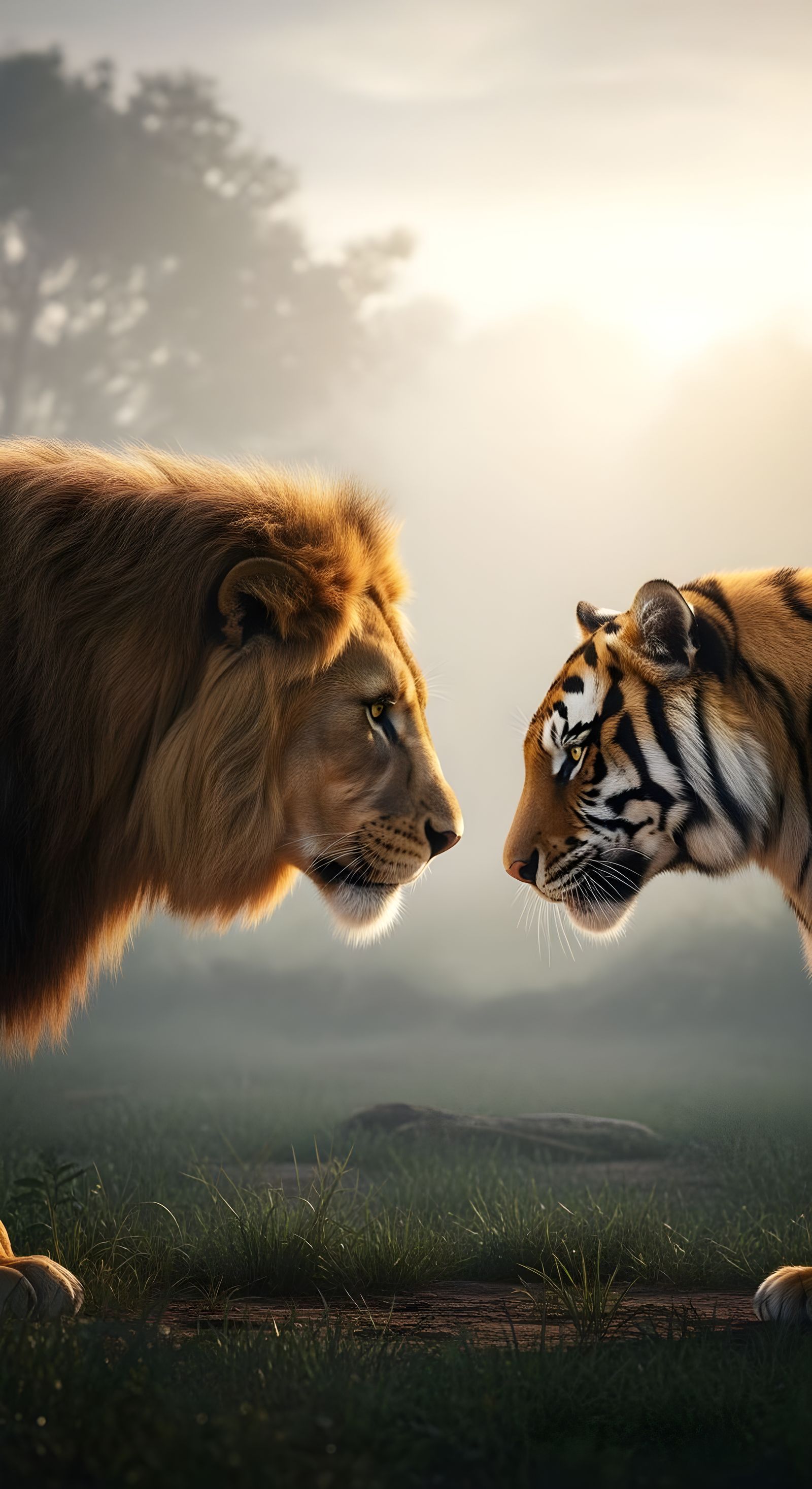 Lion and Tiger Face-Off in Misty Jungle Dawn