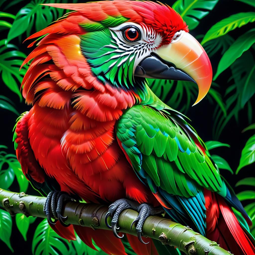 Vivid Red Bird in Green Rainforest, Hyperrealist