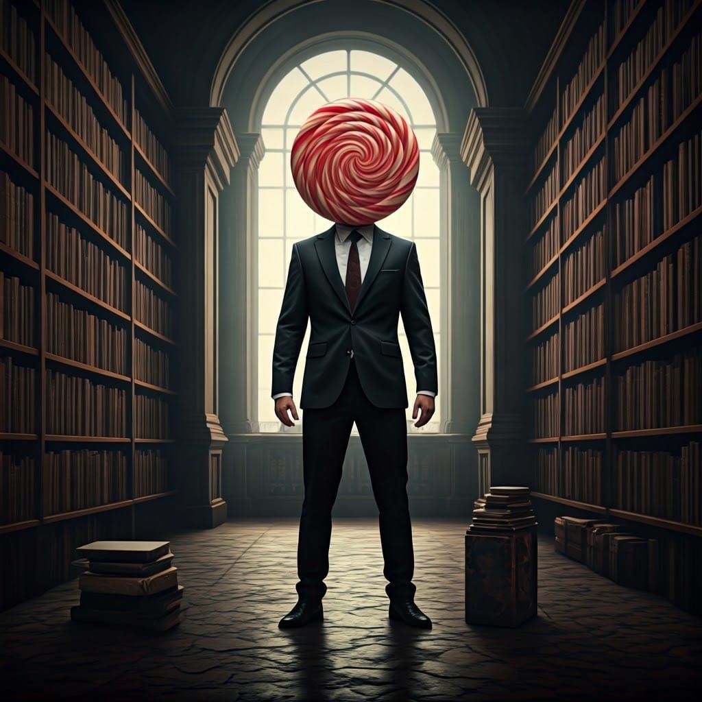 Surreal Candy-Headed Figure in Library: Weirdcore Dreamscape