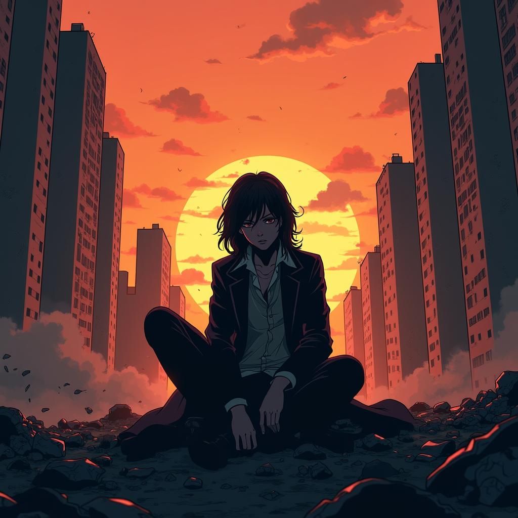 Defeated Hero in Ruined Cityscape: Anime Style