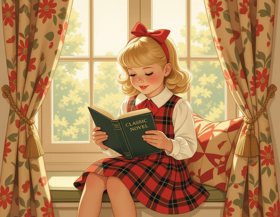 Girl Reading in Window Seat, Rockwell-style Illustration
