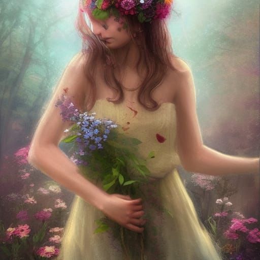 Detailed Flower Fairy Portrait in Art Nouveau Style