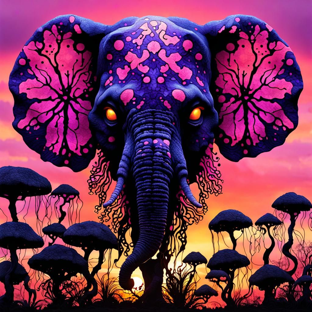 Intricate Garden Scene with Elephant Silhouette