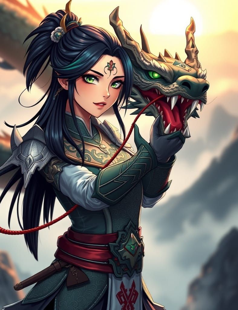Mythology-Themed Anime Warrior Woman Taming Dragon