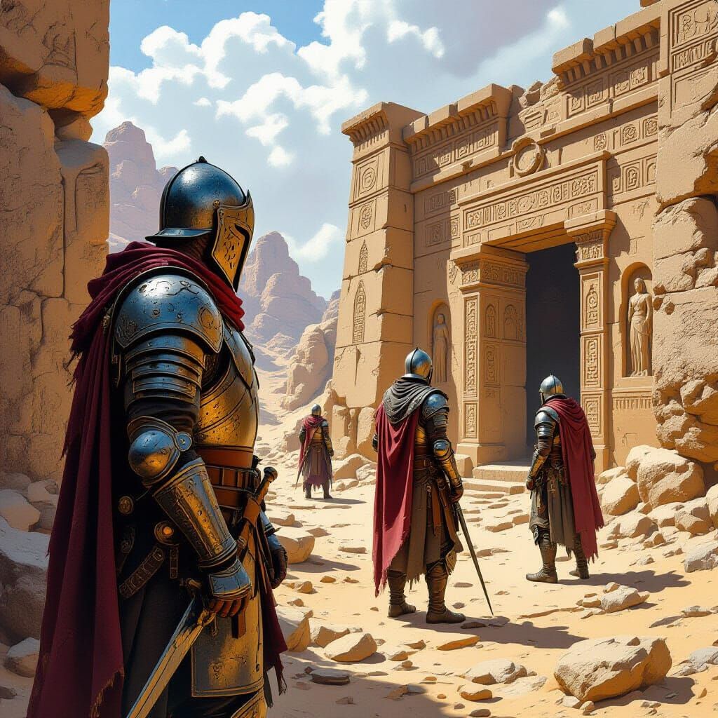 Crusaders Explore Desert Ruins in Hyperreal Style