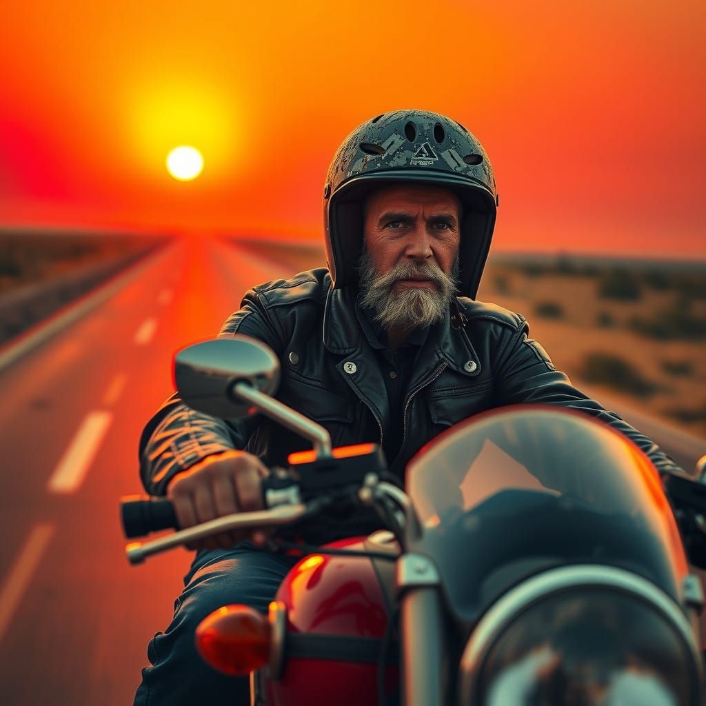 Motorcyclist Speeds Towards Vibrant Red Sunset