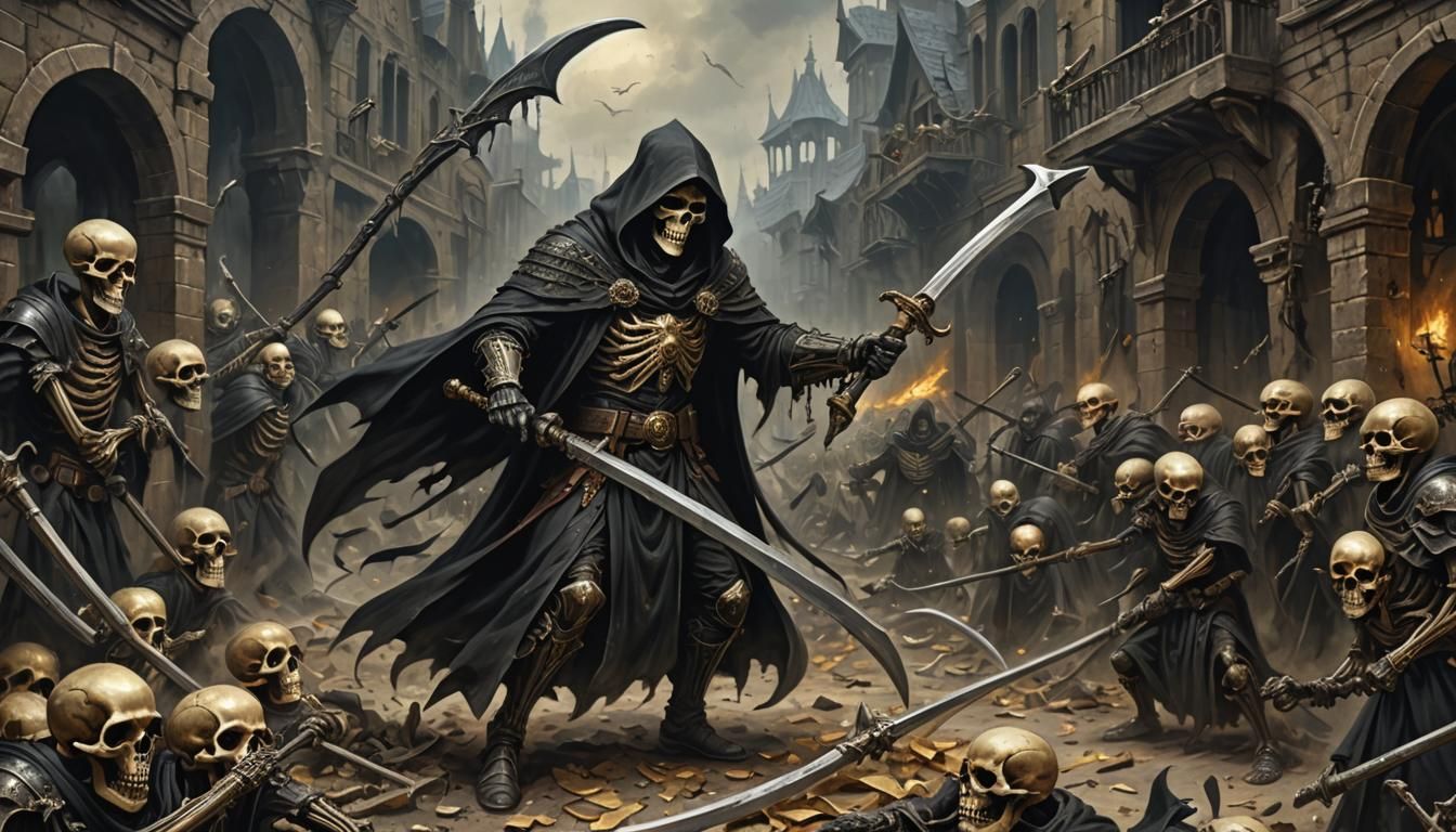 Grim Reaper Battles in Dark Fantasy City