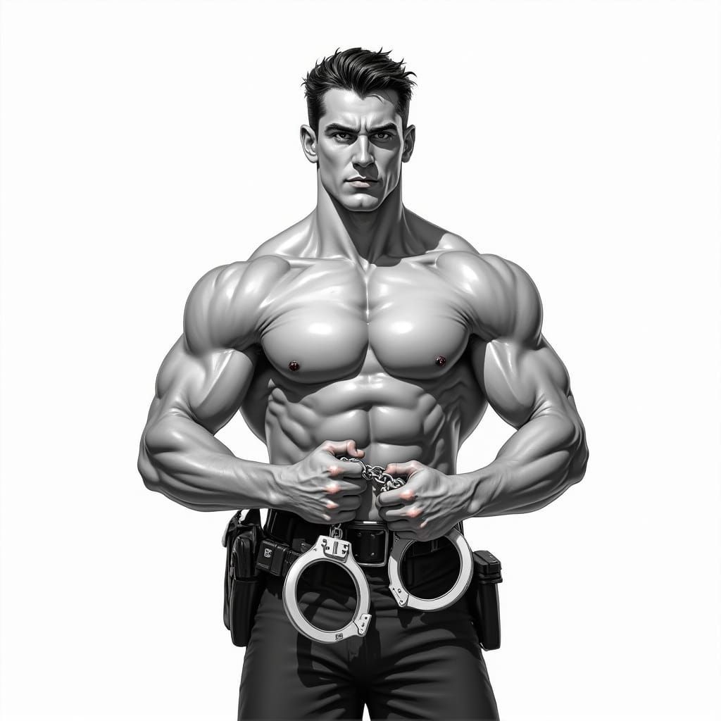 Shirtless Policeman Illustration in Film Noir Style