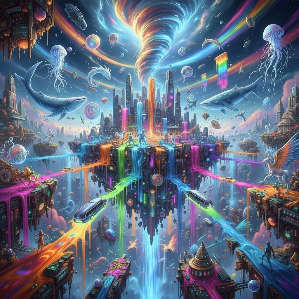 Liquid Multiverse Cityscape with Mythical Creatures