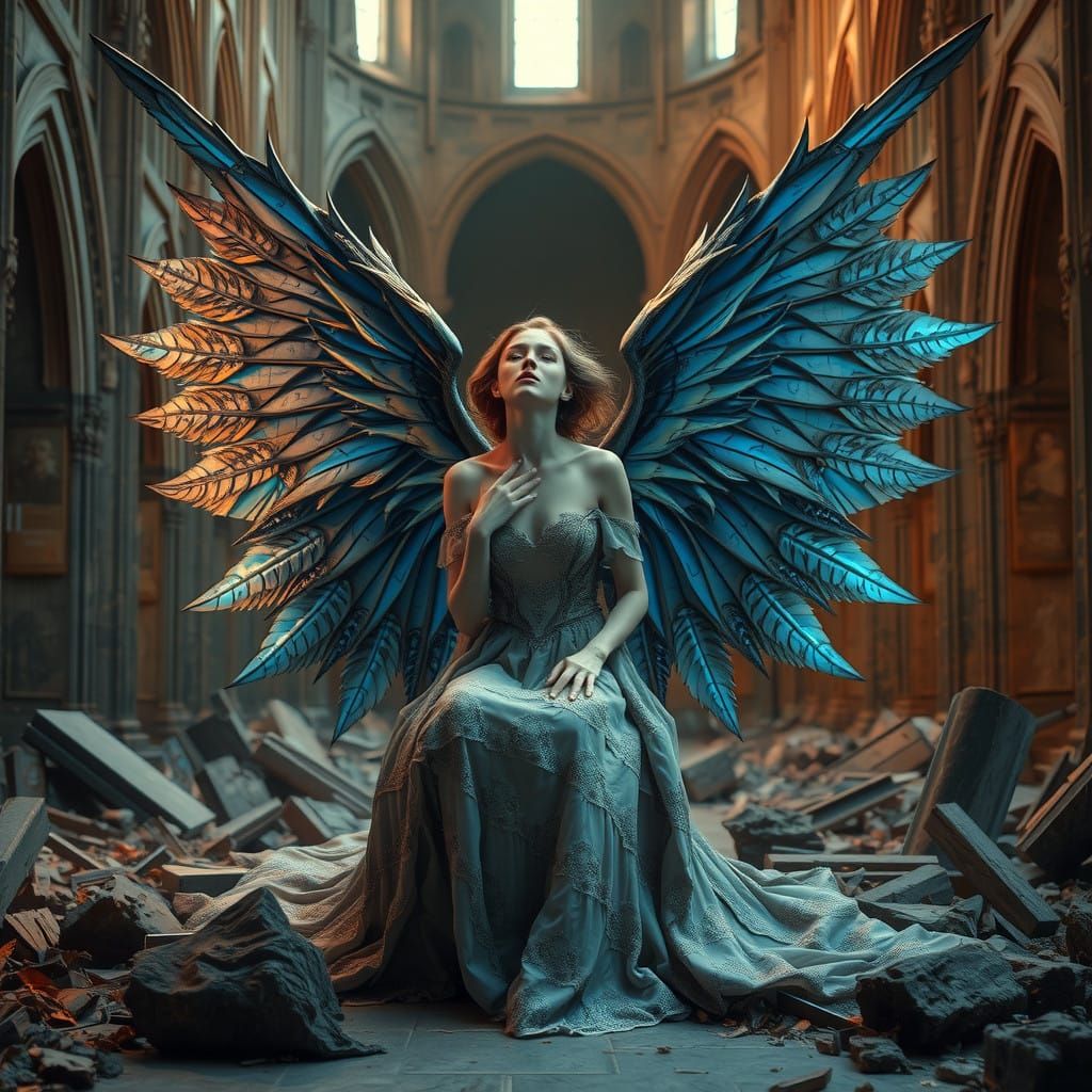 Melancholic Angel Sings in Shattered Cathedral