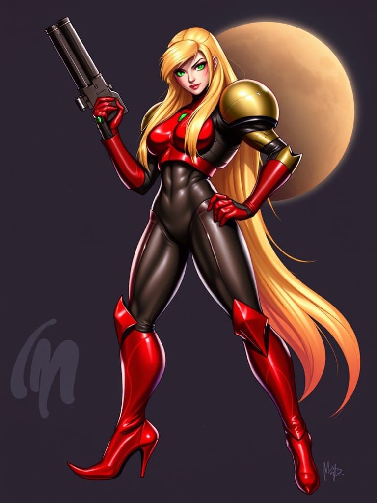 Golden Blonde Samus Aran in Cyberpunk Latex Spandex Suit