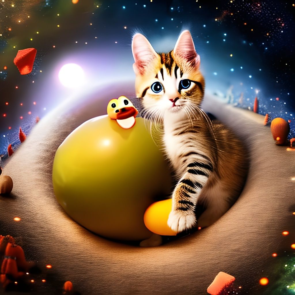 Psychedelic Desert Scene with Kitten, Duck, and Giraffe
