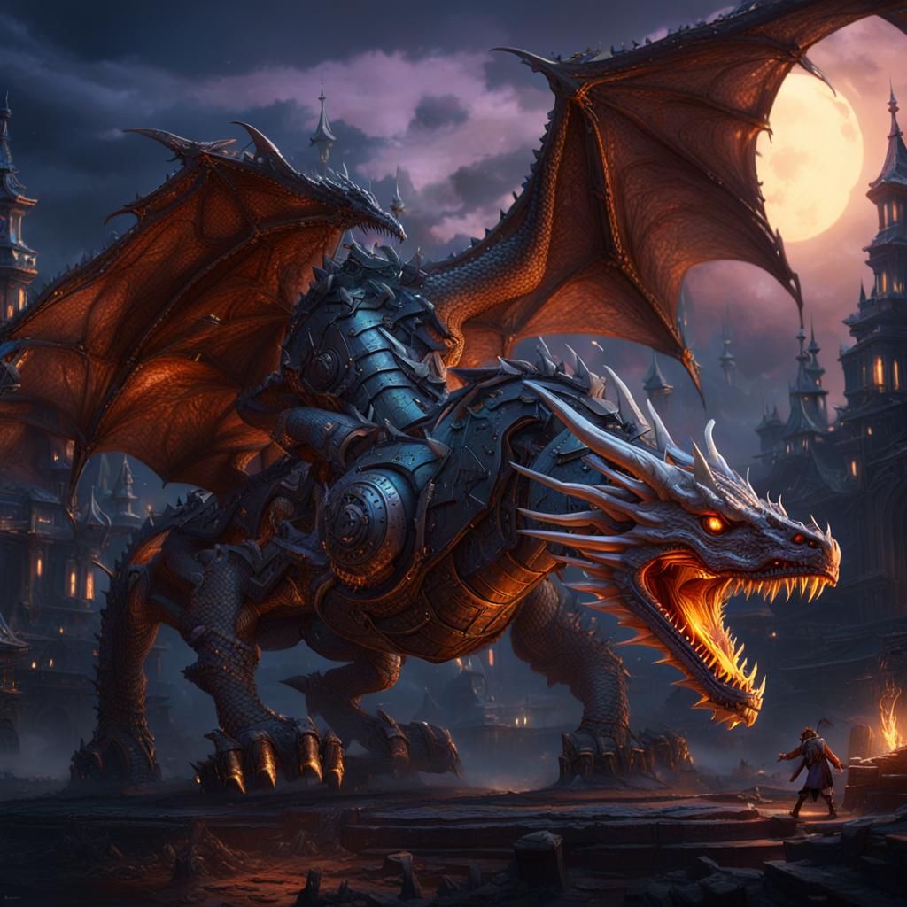 Mechanical Dragon Night Battle: Detailed Matte Painting