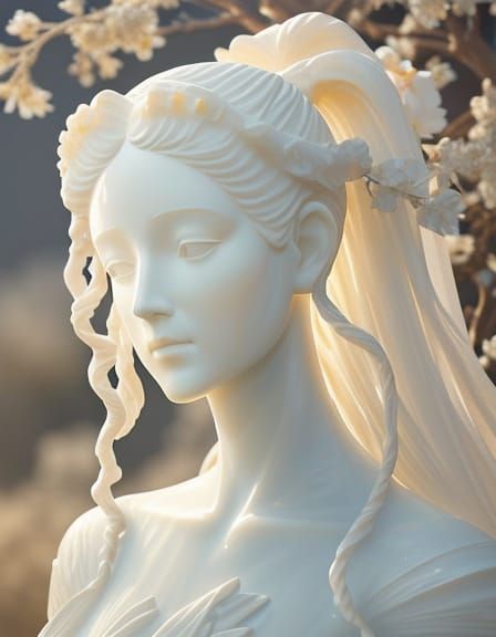 Alabaster Statue Head with Acacia Hair and Spiritual Glow