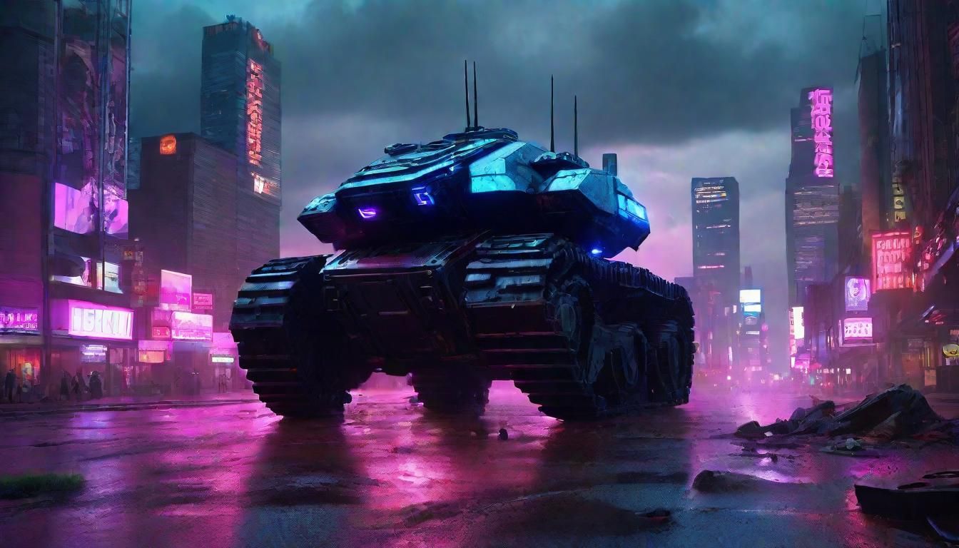 Buffalo Mech Crushes Tank in Cyberpunk Cityscape