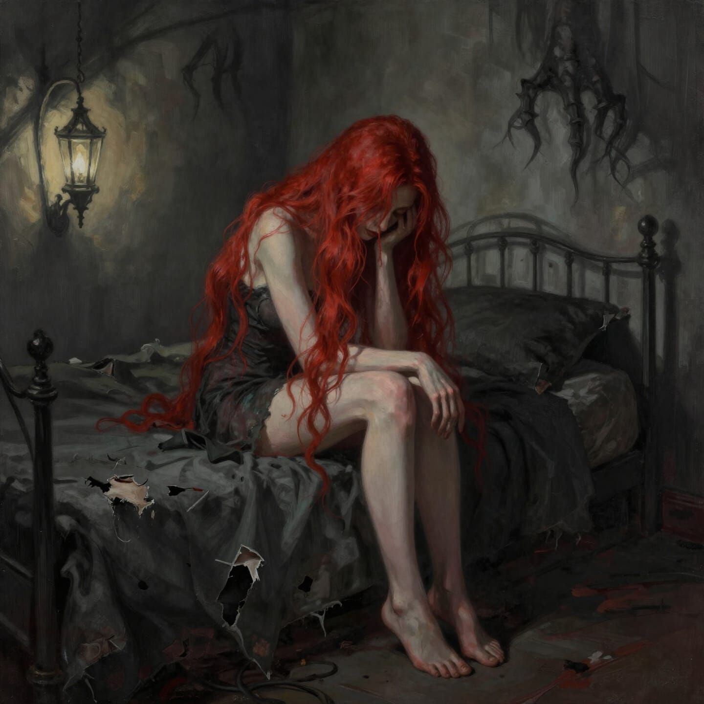 Hunched Woman in Gothic Room, Dark Fantasy Style
