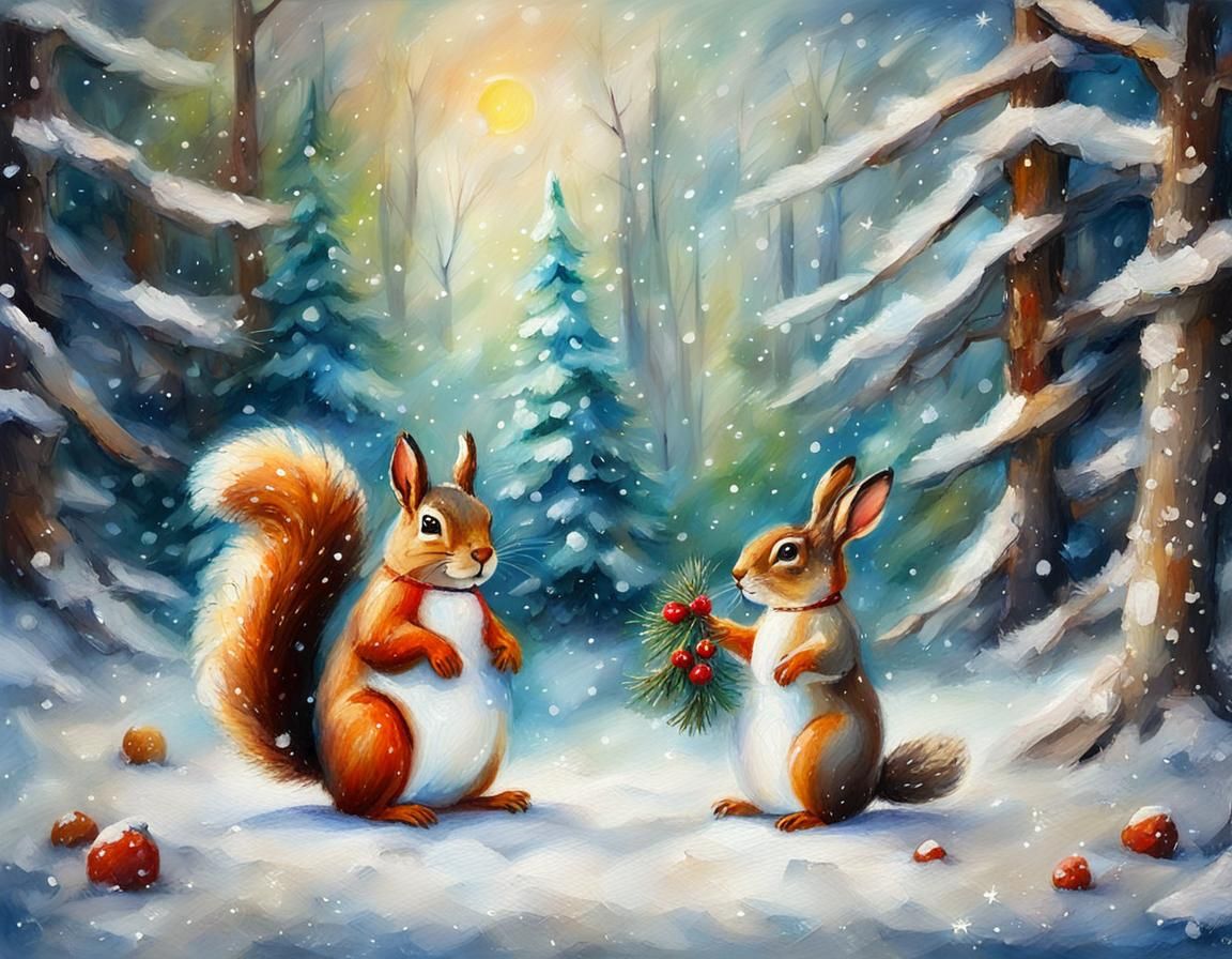 Squirrel and Hare Construct Winter Wonderland in Forest Glad...