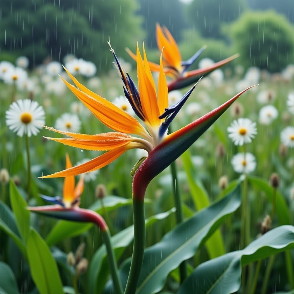 Birds of Paradise in Serene Rainy Field, Inspired by Impress...