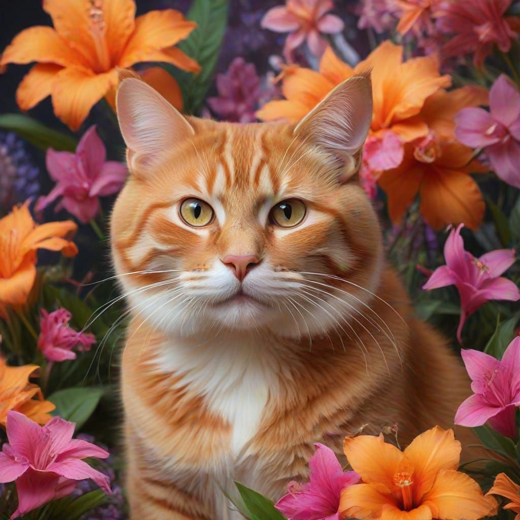 Whimsical Orange Cat in a Cosmic Floral Oasis