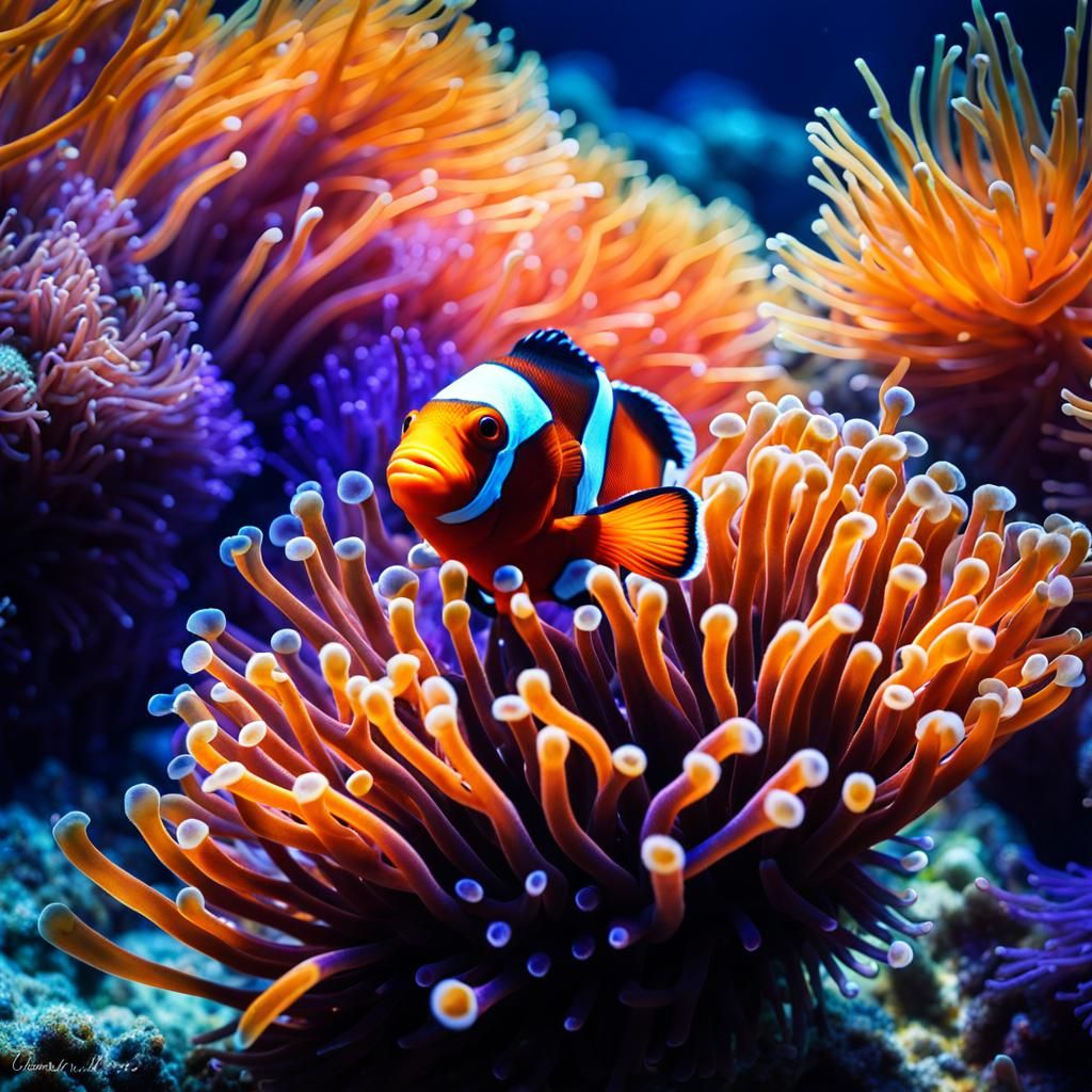 Clownfish and Sea Anemone in Digital Watercolor