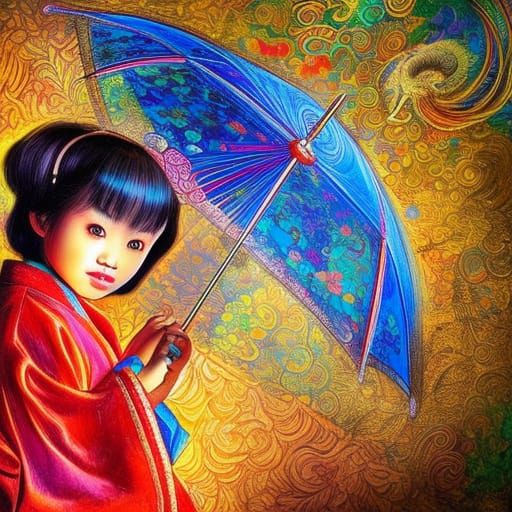 Asian Girl with Umbrella in Elaborate Digital Illustration