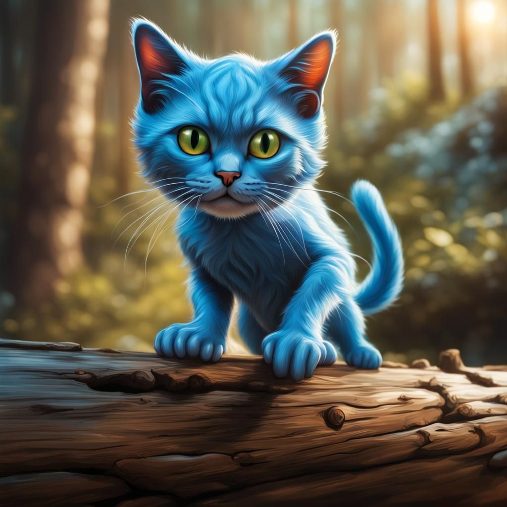 Hyperrealistic Smurf Cat on Log in Splash Art