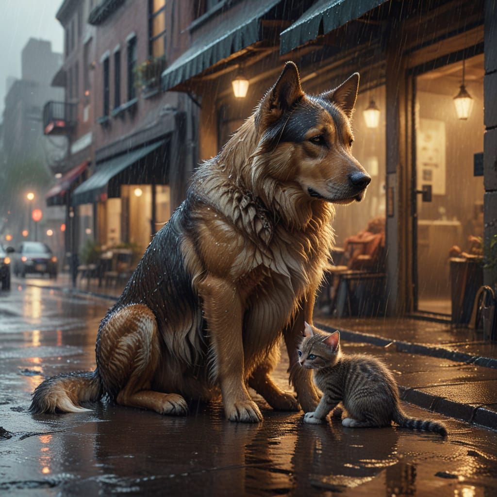 Heartwarming Scene of a Dog Sheltering a Kitten in the Rain